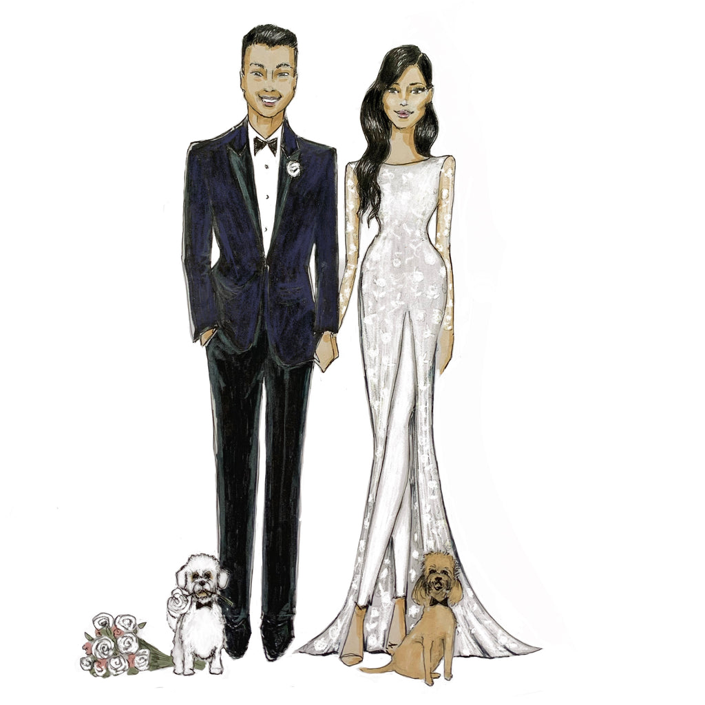Wedding couple with pets | Bridal illustration