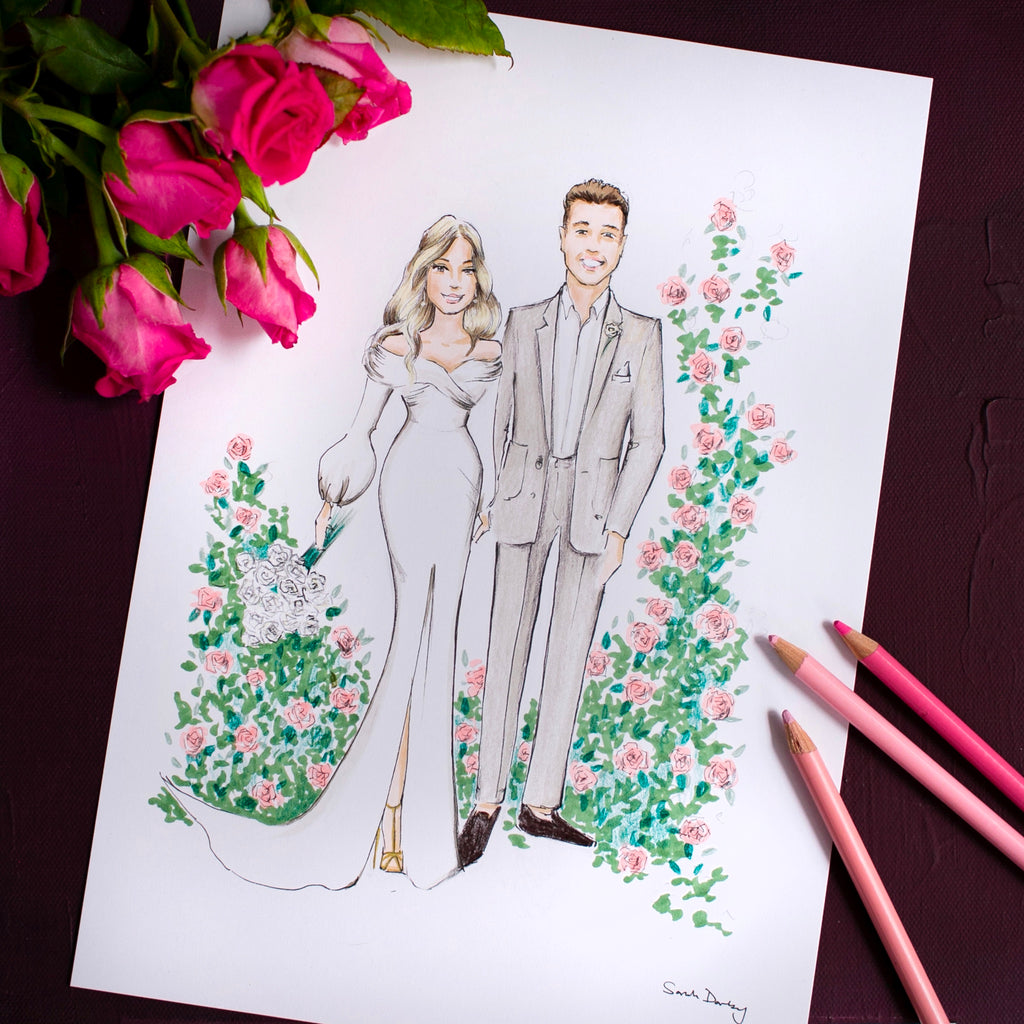 Wedding couple with floral border | Wedding illlustration | Sarah Darby